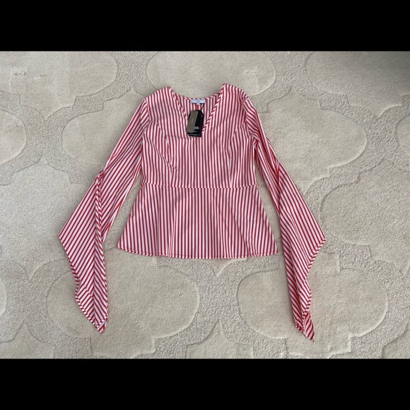 NWT J.Crew red white striped poplin tie-sleeve top - Picture 4 of 7